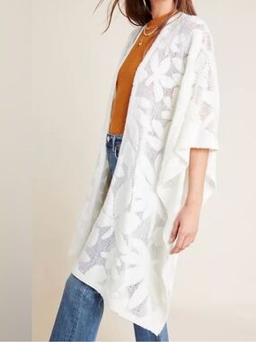Joie Bellamy Boho Open Front Floral Knit Kimono Style Cardigan Ivory OS / S - L